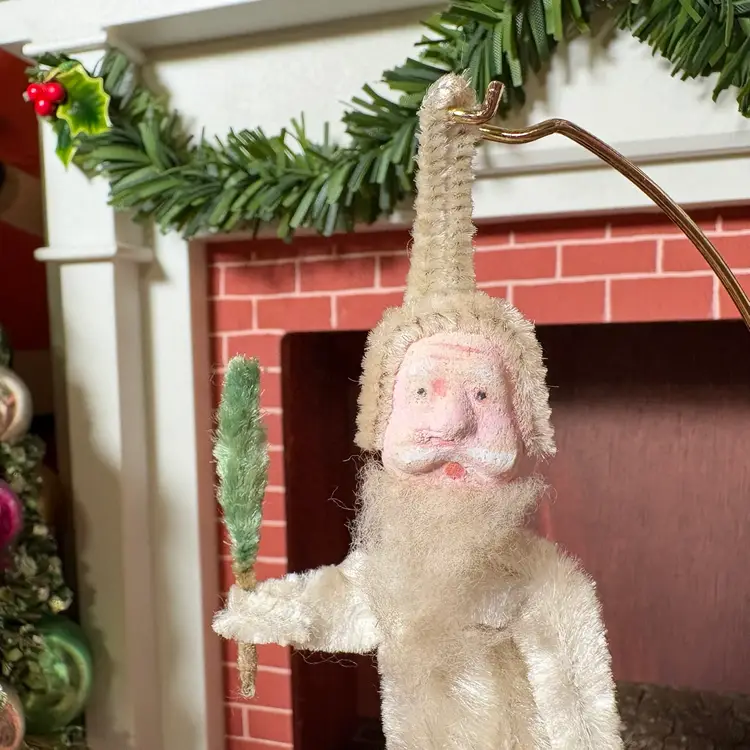 Vintage Christmas Clay Face White Chenille Santa with Tree Ornament