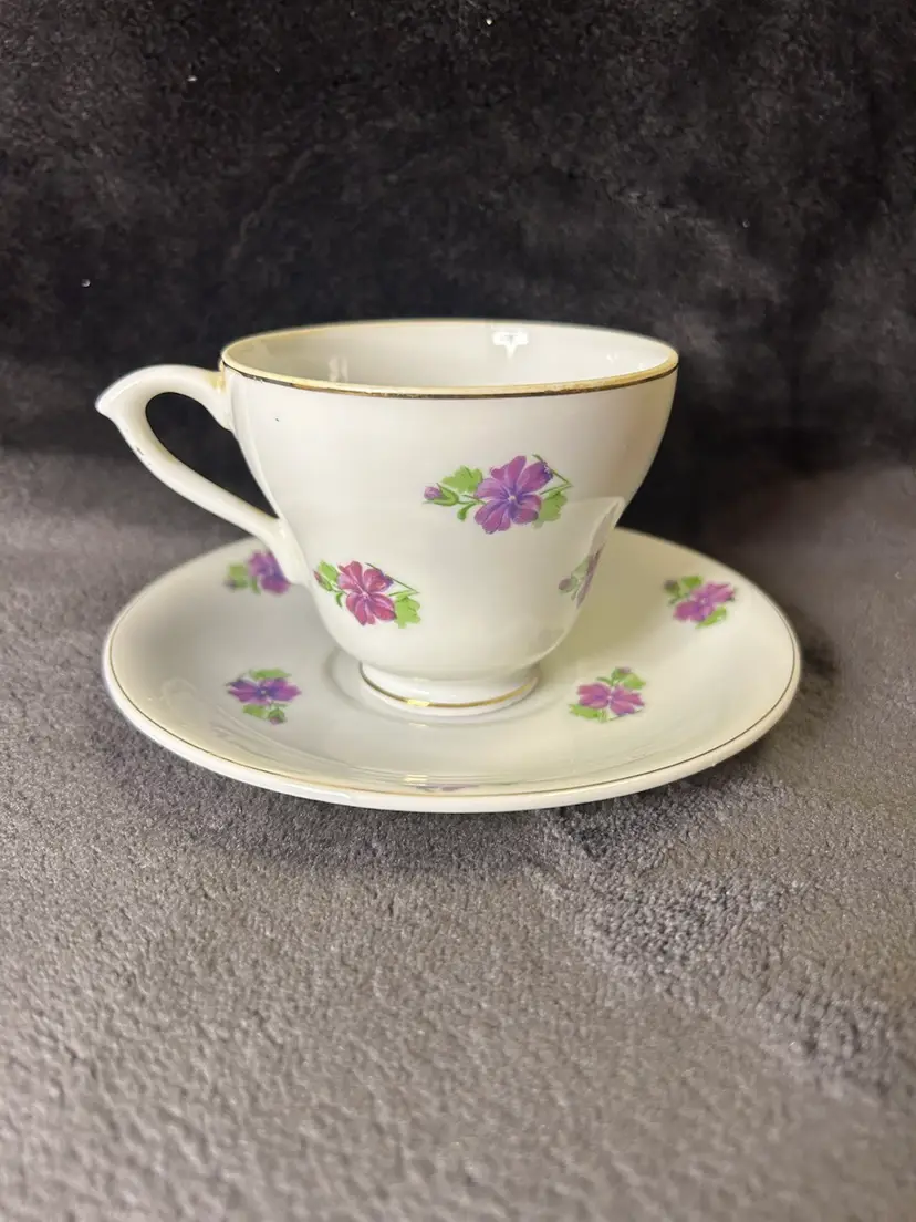 Vintage Made in Japan Porcelain Cup & Saucer Set with Purple Violet Flowers