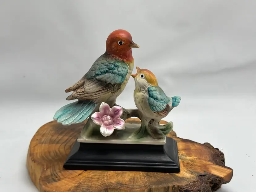 Vintage Wood Pecker Momma & Baby Figurine Sculpture On Stand Porcelain Birds