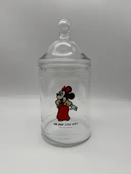 VTG Walt Disney Minny Mouse For Good Little Girls 9" Apothecary Glass Candy Jar