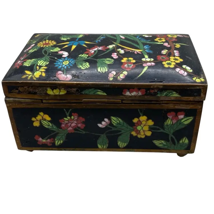 Vintage Asian Cloisonné Box Floral Aqua CottageCore Some Damage From Age Stamped China