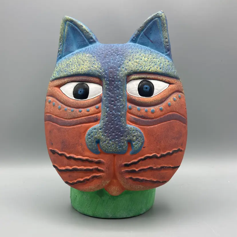 Colorful Cat Face Pottery Clay Vase or Planter 8" Tall