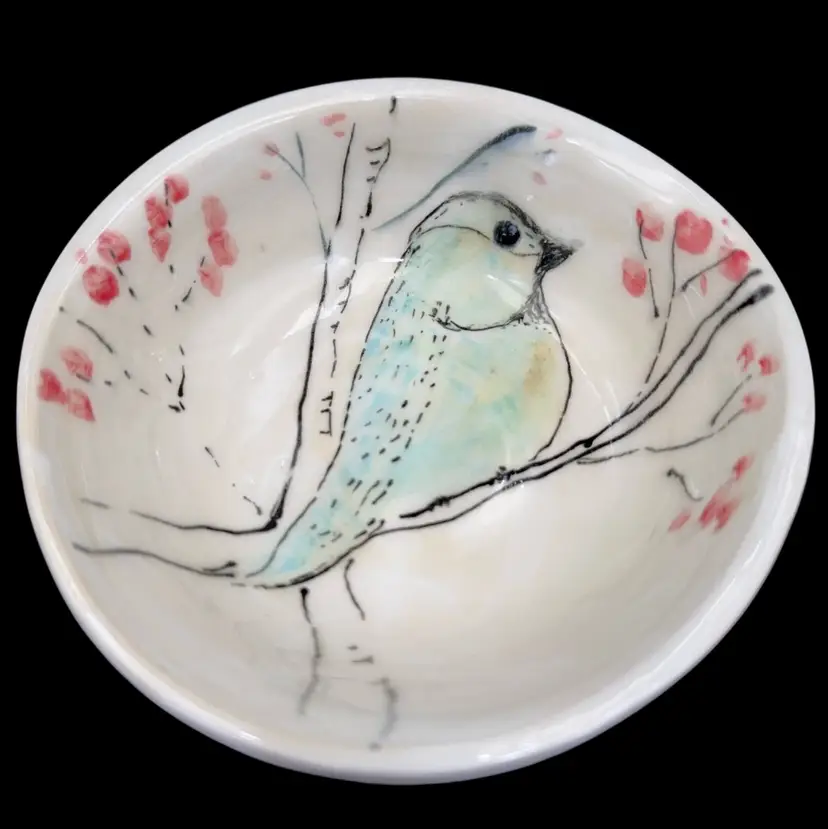 Handmade Pottery Bowl With A Painted Bird And Branches.