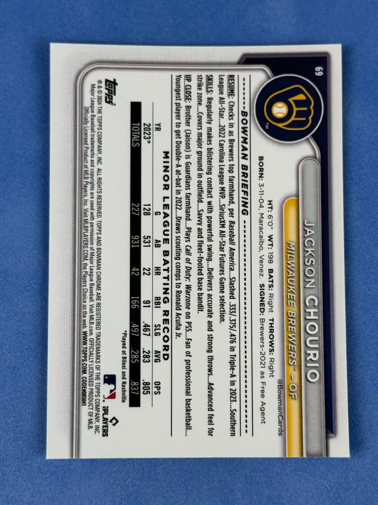 2024 Bowman Chrome Jackson Chourio Rookie card #69 MIL Brewers RC