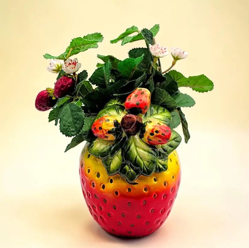 Strawberry Shaped Planter with a Faux Strawberry Plant Kitschy