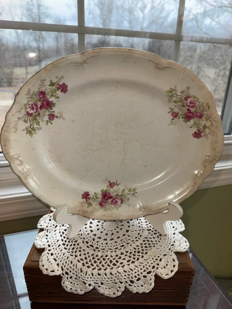 Vintage "Mellor &Co” Floral platter with Scalloped Edge ; ironstone; Pink Roses
