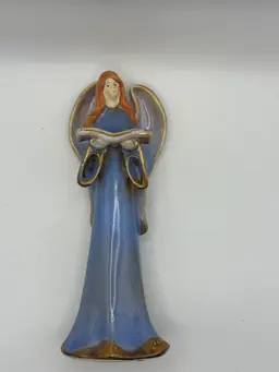 Rustic Blue Ceramic Angel Figurine, approx 7”