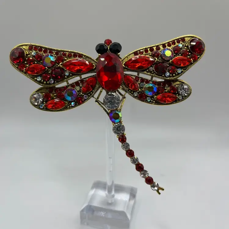 Red Rhinestone Dragonfly Brooch Gold Tone Sparkling Statement Pin (Inv - #05)