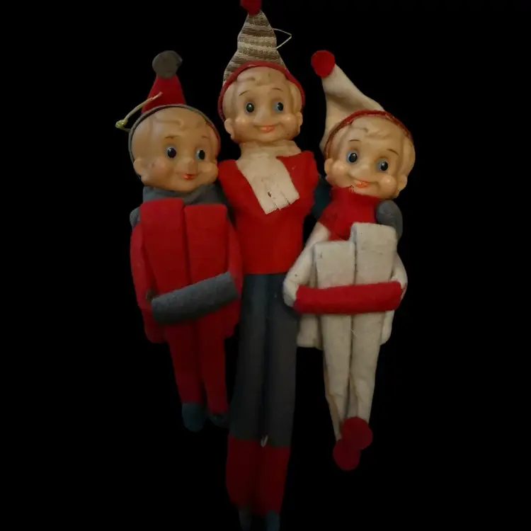 Noel Vintage Christmas, Japan, Knee Hugger Elf Ornament 7” Three Conjoined Elves