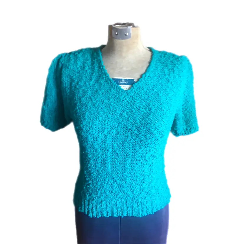 Patsy's Place Light Blue Green Sweater Size M 1980's Vintage Shoulder Pads