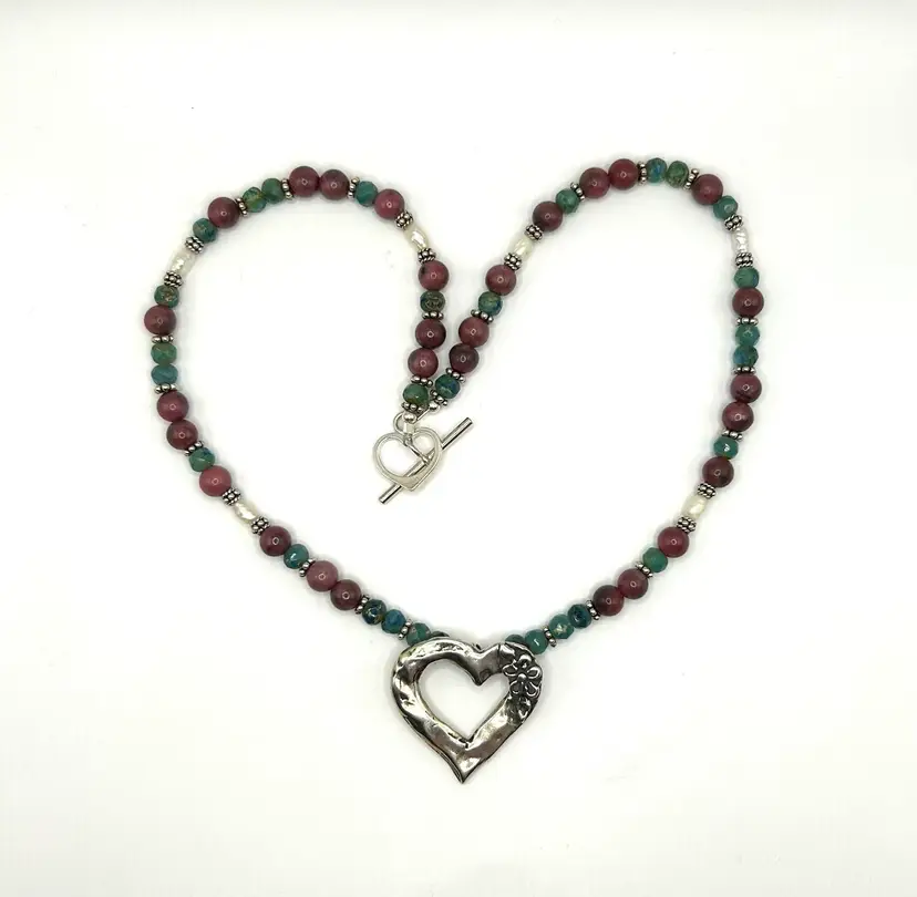Rhodonite Rice Pearl And Czech Glass Beaded Necklace 16” Made By Me