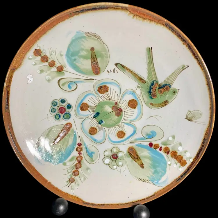 Handcrafted Ken Edwards Tonala Mexico Bird Butterfly Ceramic Folk Art Bowl 12”