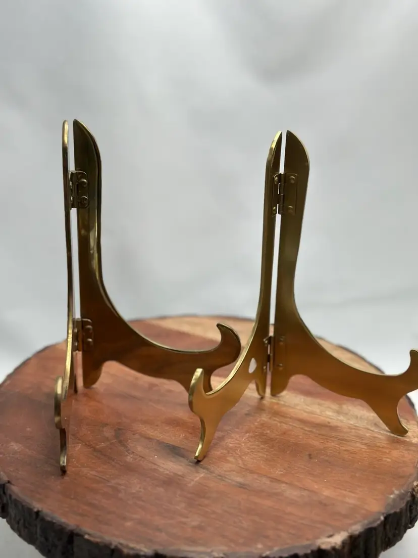 Vintage Solid Brass Easels ( 2 ) Folding Display Stand Photos Plates Signs