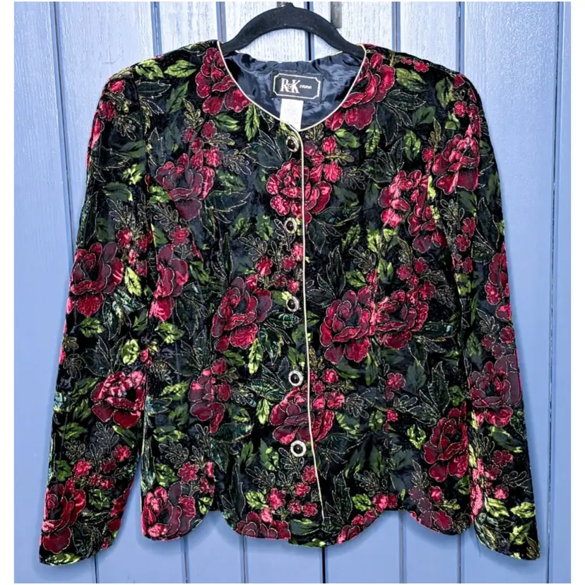 Vintage Floral Crushed Velvet Blazer Jacket Sz 14 XL Black Red Rose Dark Romance
