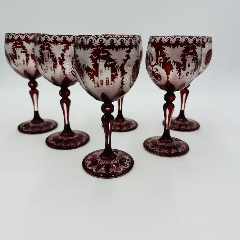 Bohemian Egermann Cut To Clear Ruby Red Wine Etched Glasses Set Vintage 