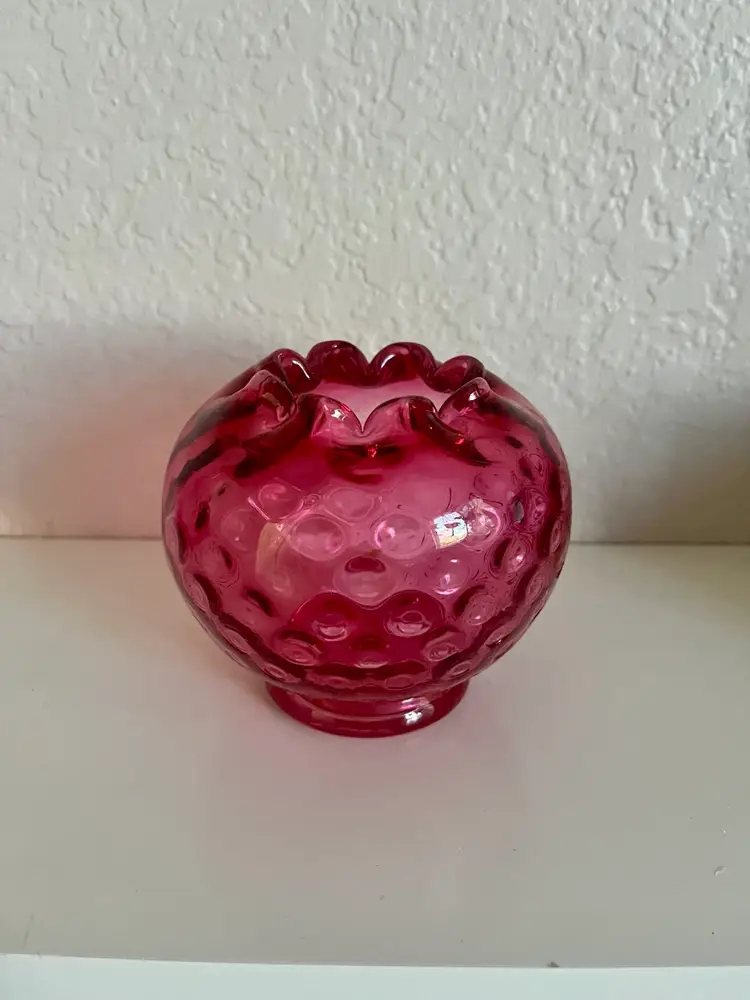 Vintage Fenton Cranberry Rose Bowl Vase Coin Dot Art Glass