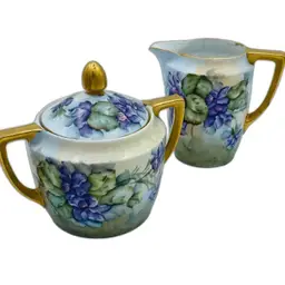 #01 Hand-Painted Floral Porcelain Creamer and Sugar Set with Gold Accents Weiman Germany
