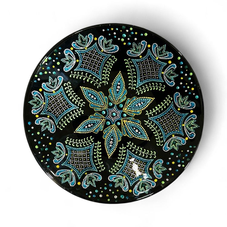 Signed Inna K. Mandala Hand Painted And Bejeweled Black Decorative Plate