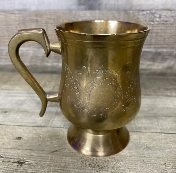 Vintage Brass Metal Cup Engraved Mug