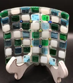 Fused glass floral inlay candle tray trinket dish