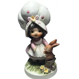 Vintage Lefton Porcelain Figurine. “Country Big Hat Girl Forest Rabbit Pink”