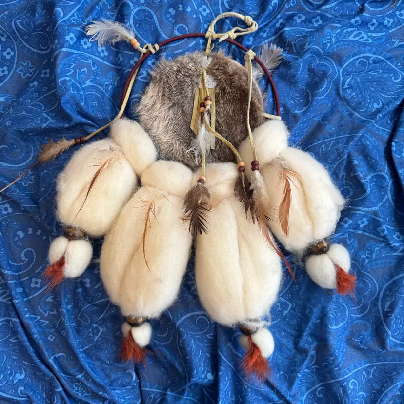 Handcrafted Native American Style Rabbit Fur Dreamcatcher Wool Feathers.