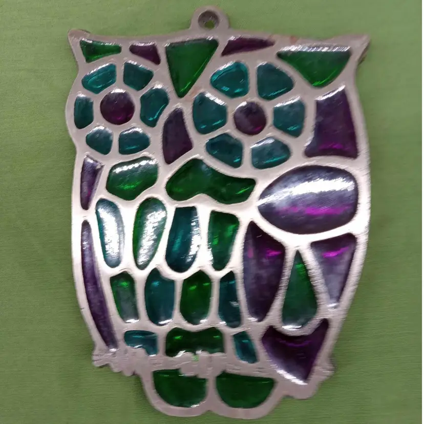 Metal and resin owl trivet, purple, green, blue, kitchen, decor