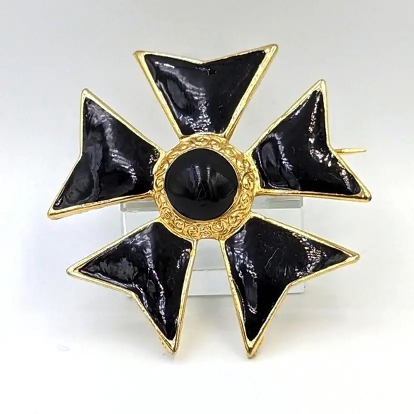 Vintage Black Enamel Gold Tone Maltese Cross with Five Arms Brooch Unsigned