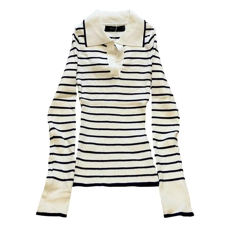ZESICA Sweater Womens Small Striped Knit Ribbed Long Sleeve Collar Pullover NWT