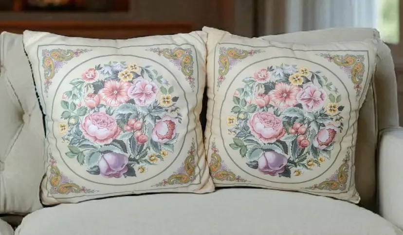 Pair Handmade Paisley Floral Reversible Throw Pillows 16 x 16 Cottagcore Shabby