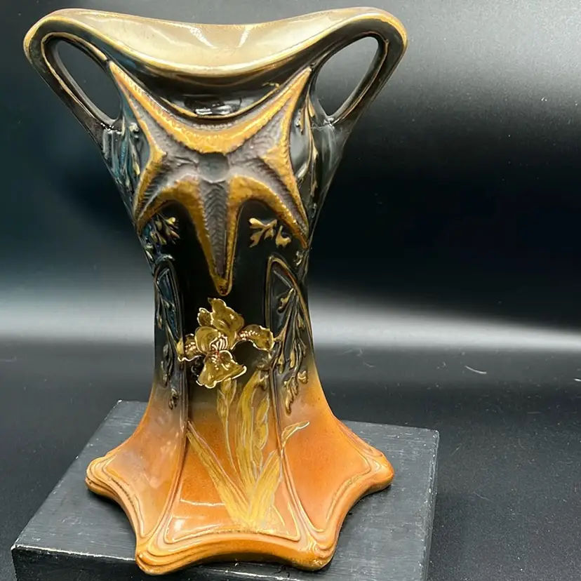 Antique Hand Painted Royal Bon Art Nouveau metallic glazed vase with organic motifs and handles.8” Tall Germany