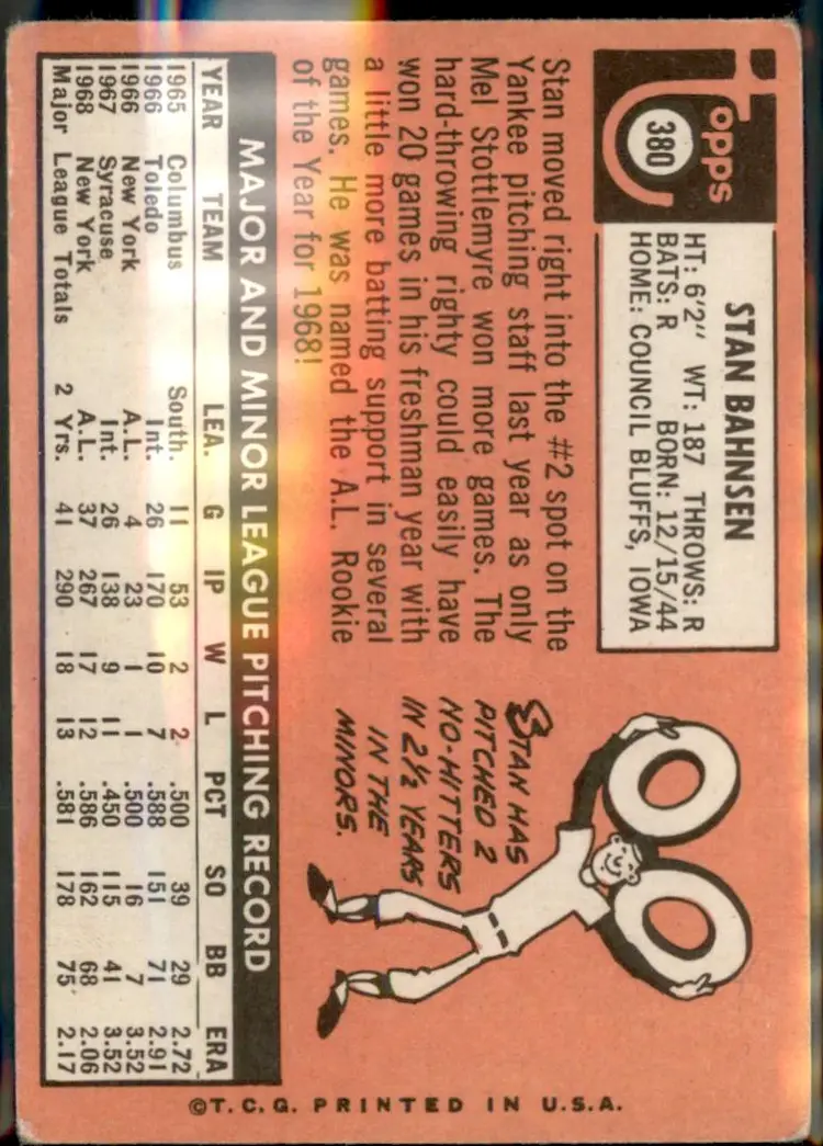 1969 Topps #380 Stan Bahnsen - (pk3) - New York Yankees