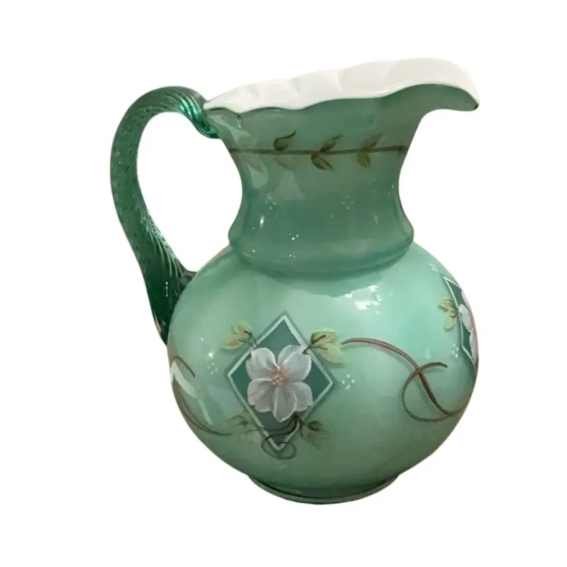 Fenton Spruce Green Overlay Diamond Jubilee Pitcher HP By Jeffrey Green 7” X 6”