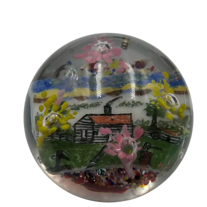 Vintage Degenhart Paperweight Unusual House Painted On Internal Plaque 3.5”