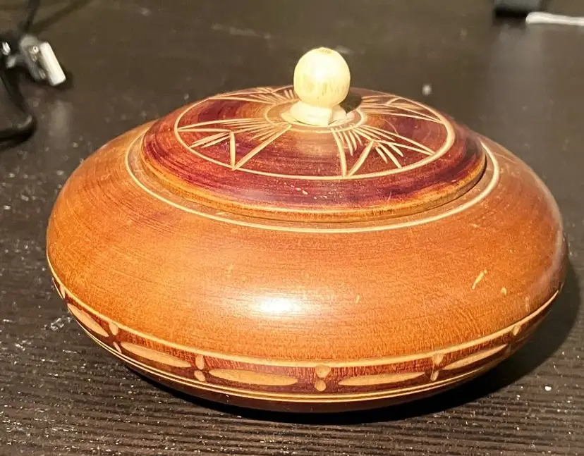 Vintage Hand Carved Wooden Round Trinket Container With Lid