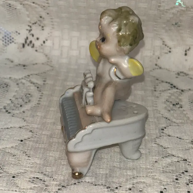 MCM Salt Pepper Pixie Angel Sitting On Porcelain Piano Japan Kitch Figurine Vtg