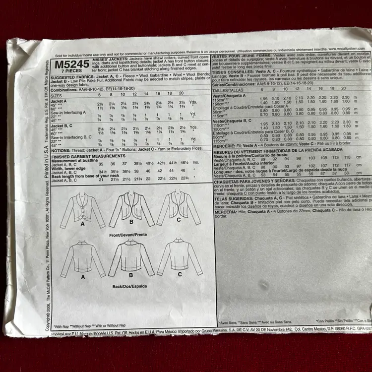 Vtg McCall’s Pattern M5245 Ladies Jacket Uncut FF Sz 6-8-10-12