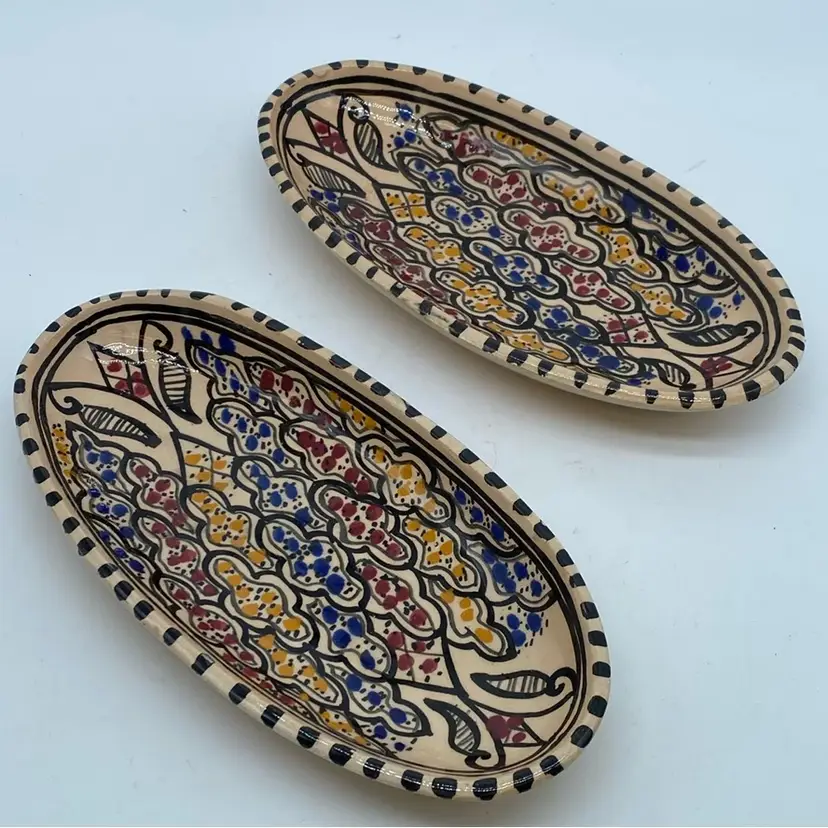 #2224 Pair hand-painted Safi-style ceramic Oval dishes