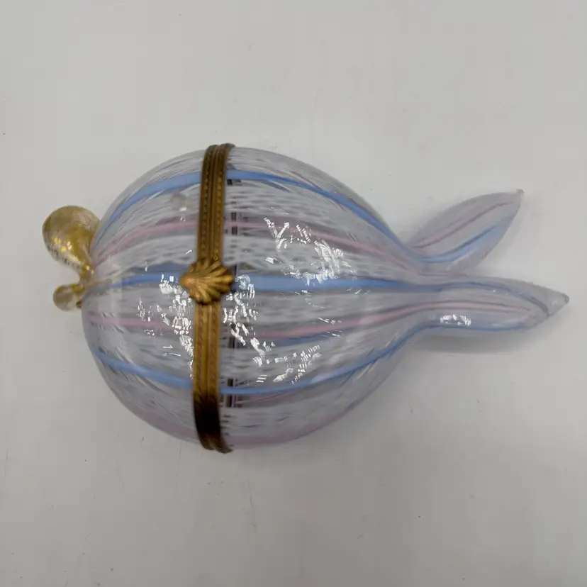 Murano Glass Fish Lattimo Garza Pink Blue Gold Aventurine Hinged Trinket Box