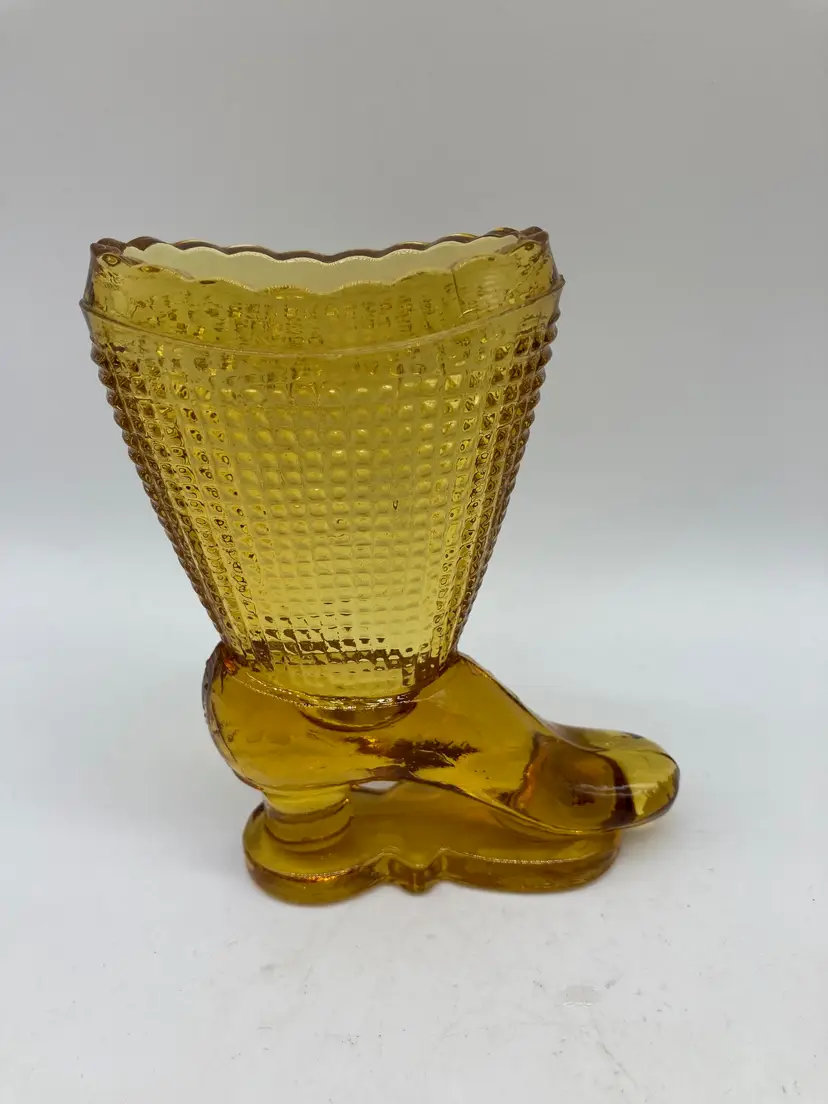 Vintage L E Smith Glass Victorian Boot 3" Toothpick Match Holder, Marigold