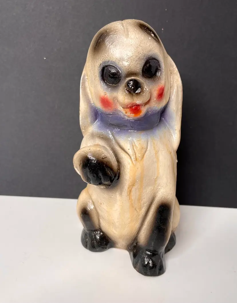 Vtg Chalkware Black White Puppy Dog Statue Figurine 7” Carnival Prize Kitschy