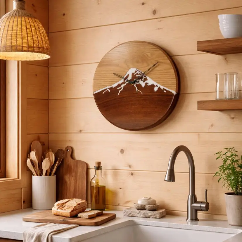 Walnut & Maple Mt. Hood Wall Clock with White Resin Inlay