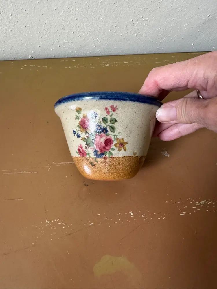 Monroe Saltworks Custard Cup Blue Rim With Flowers 3”