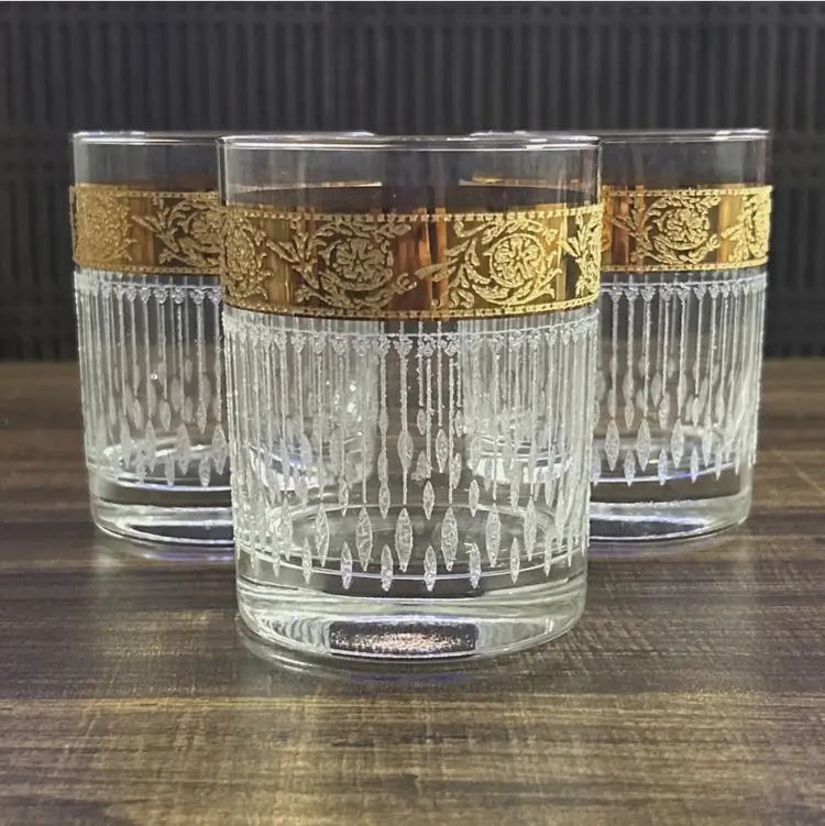 Culver Tyrol Lowball Glasses Set of 3 22K Gold Etched Vintage MCM Barware