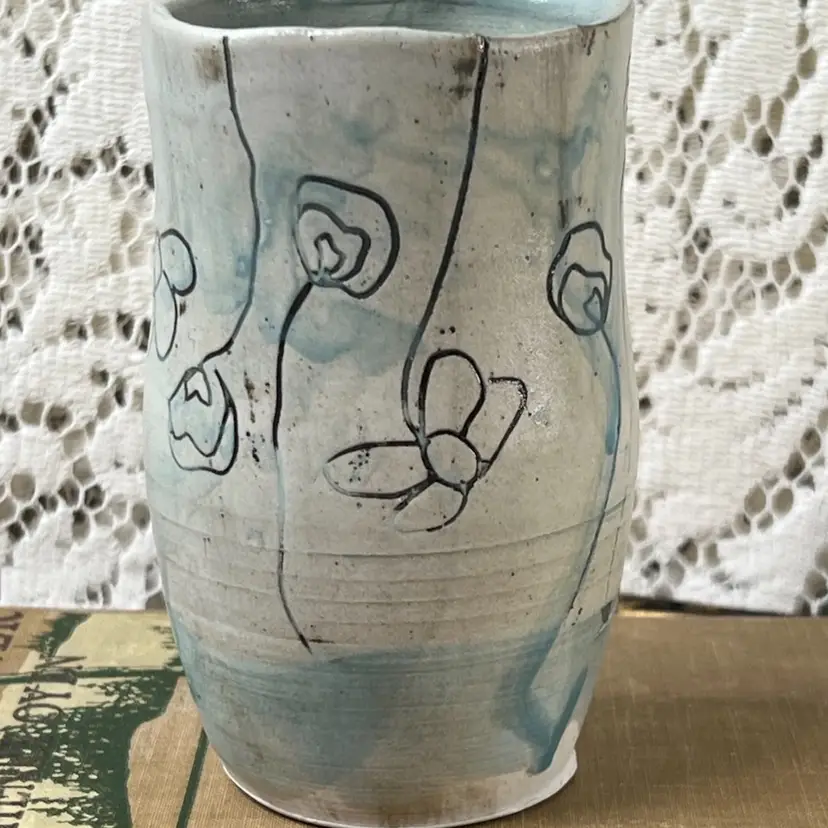 019 Art Pottery Signed Blue Tan Carved Floral Vase 4.5" X 3"