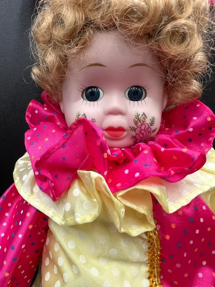 Curio Cabinet Clown Doll With Rose Face Tattoos 18”