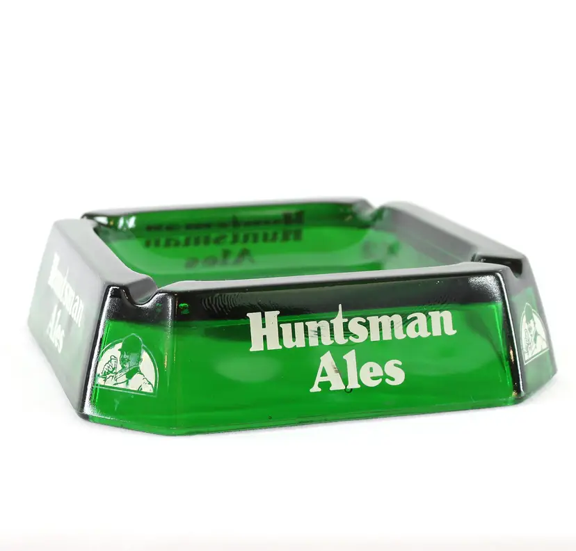 1930's Eldridge Pope Huntsman Ales Emerald Green Glass Pub Advertising Ashtray Barware Tobacciana
