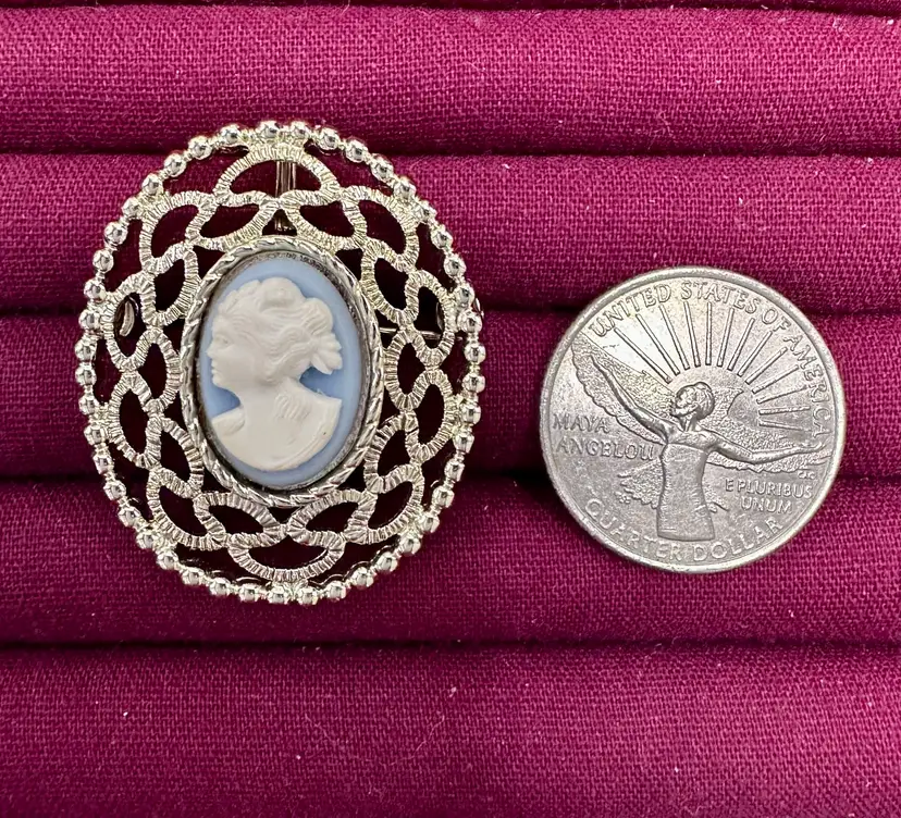 Vintage Sarah Coventry Blue Cameo Filigree Brooch, Left Facing Victorian Resin