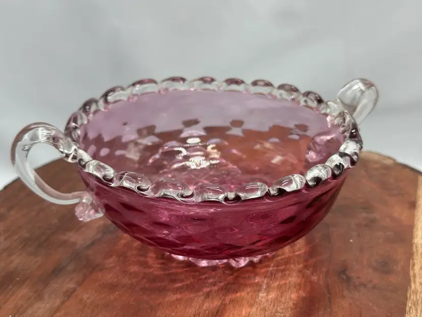 Vintage Art Glass Cranberry Glass Dish Clear Rigaree Foot & Rim w/ Handles