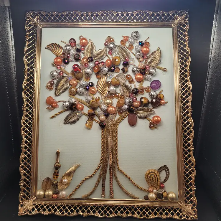 Vintage Jewelry Art "Tree of Life" Upcycled Jewelry Art W/Vtg Frame